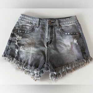 Women’s Gray Distressed Denim Shorts Frayed Hem Stretch Size M